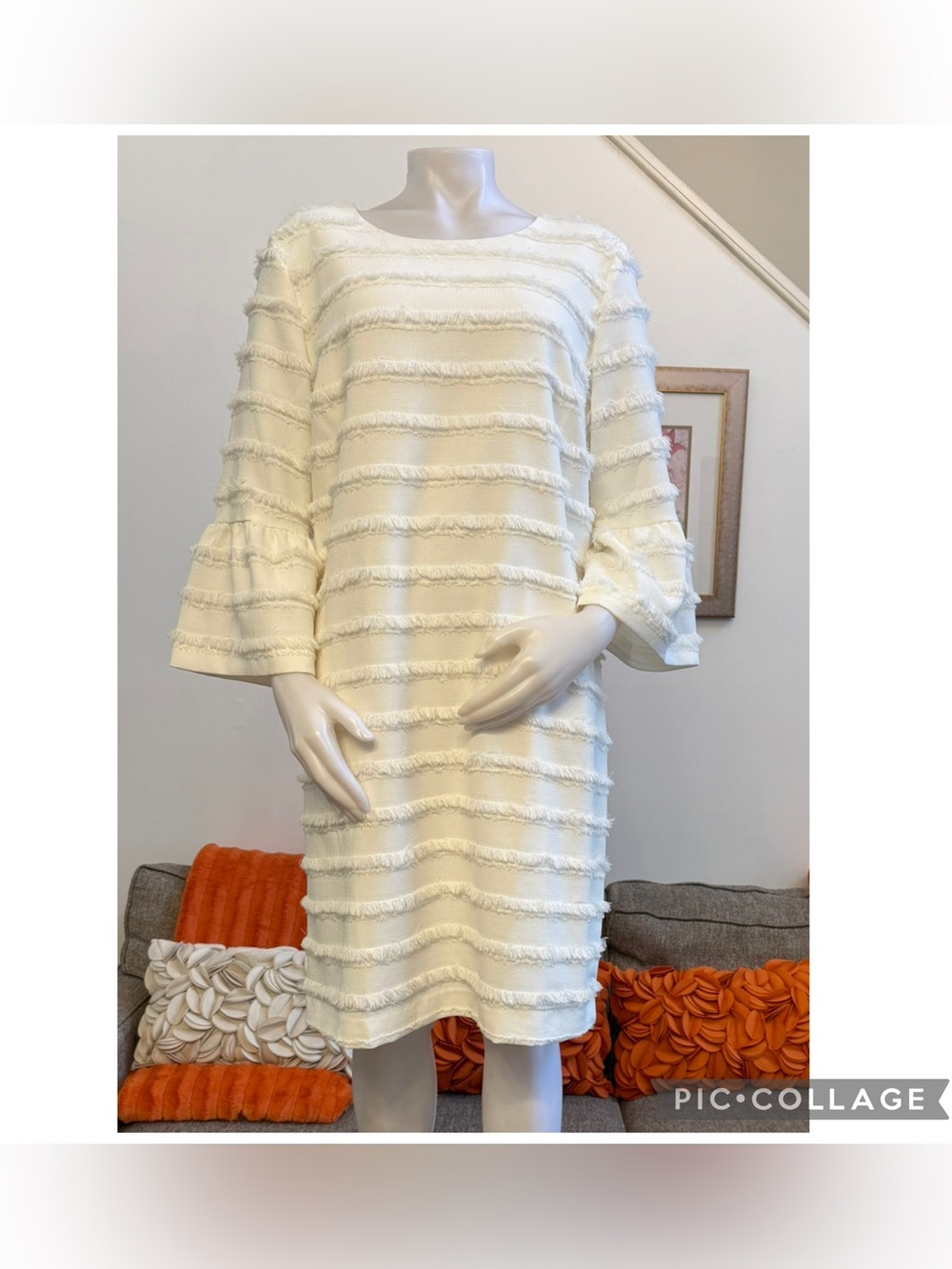 Like New ALFANI IVORY/ OFF WHITE TIERED FRINGE BELL SLEEVE SHIFT DRESS